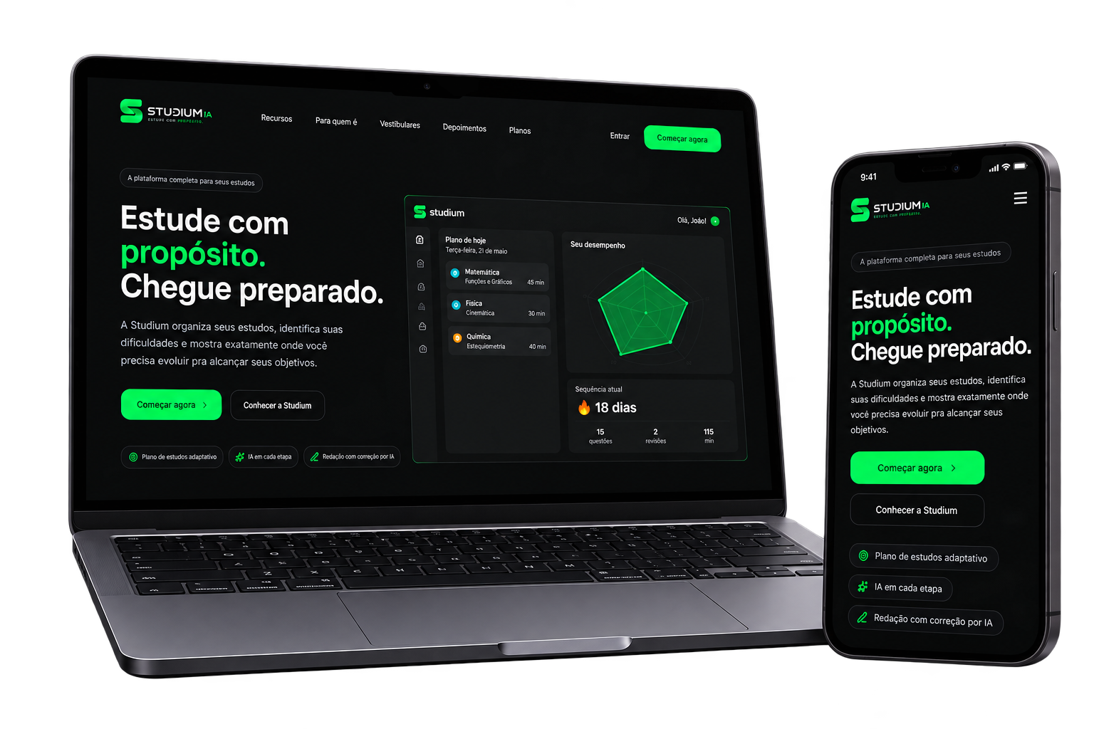 Dashboard da Studium mostrado em notebook e celular, lado a lado